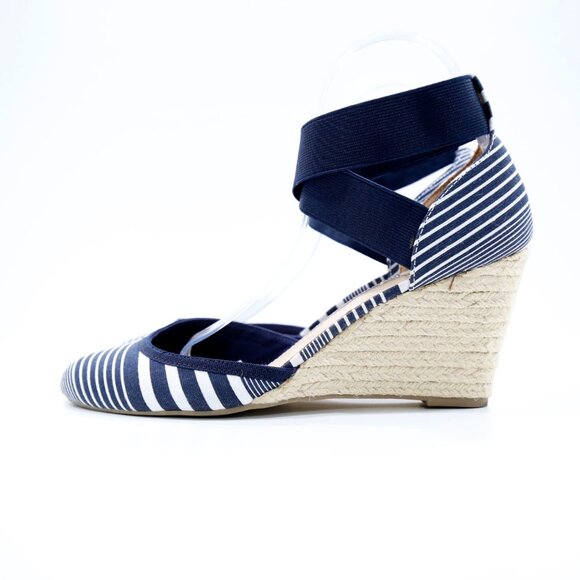 New Directions Gretta Blue & White Striped Canvas 3" Wedge Espadrilles - 9 - Picture 1 of 7
